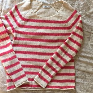 Coral and cream striped crew neck sweater